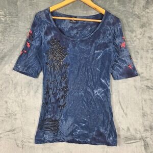 Vintage Sledge Top Medium Blue Y2K Cyber Grunge Goth Rhinestone Edgy Biker Tee